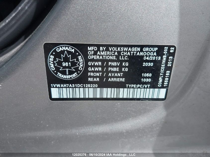 2013 Volkswagen Passat VIN: 1VWAH7A31DC125220 Lot: 12025376
