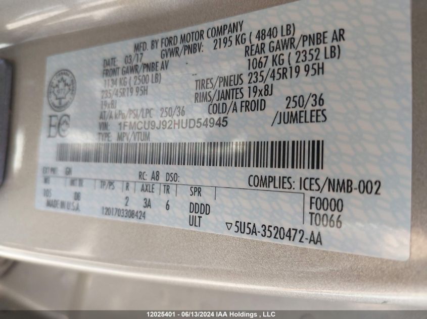 2017 Ford Escape Titanium VIN: 1FMCU9J92HUD54945 Lot: 12025401