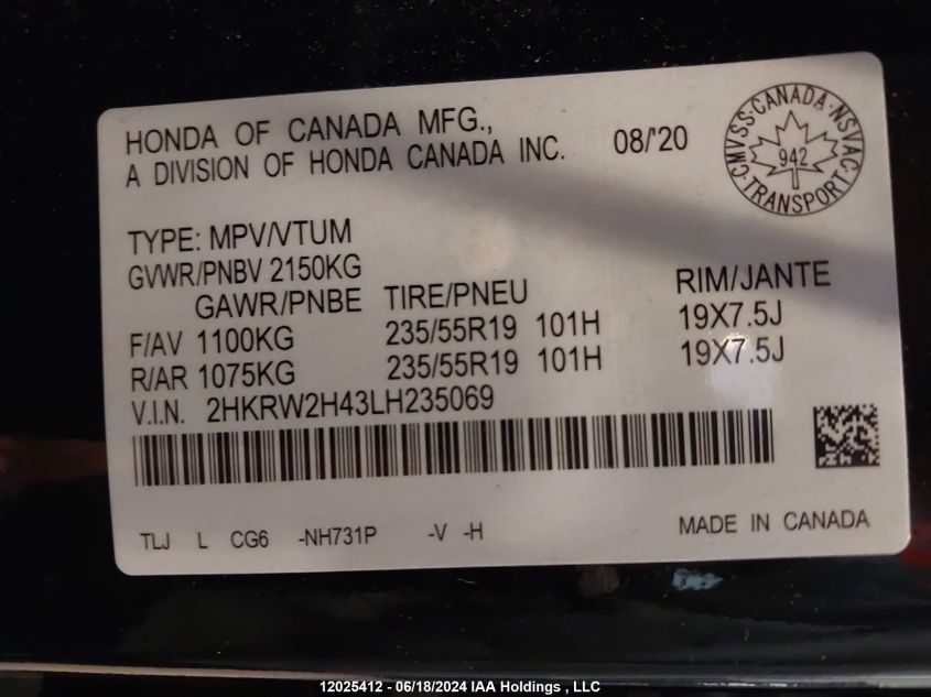 2020 Honda Cr-V VIN: 2HKRW2H43LH235069 Lot: 12025412