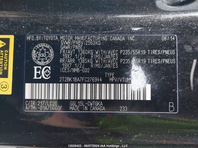 2015 Lexus Rx 350/Base/F Sport VIN: 2T2BK1BA7FC276944 Lot: 12025422