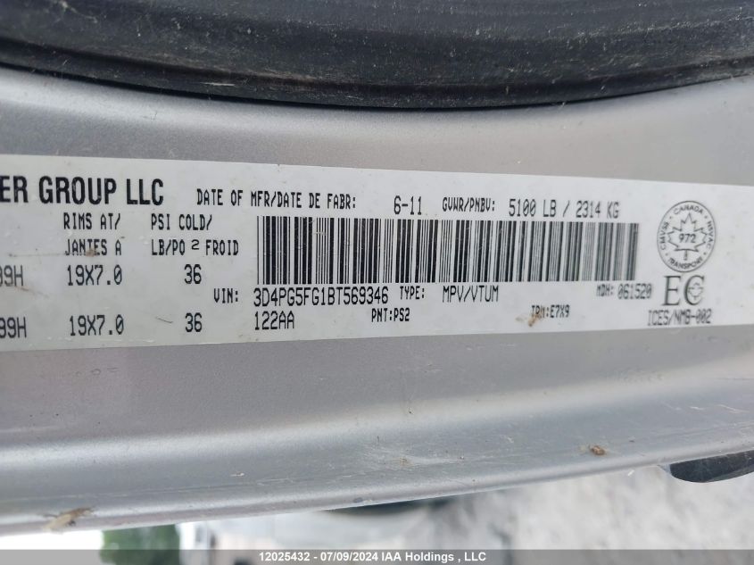 2011 Dodge Journey VIN: 3D4PG5FG1BT569346 Lot: 12025432