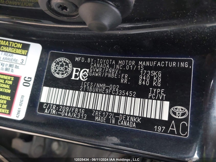 2015 Toyota Corolla L/Le/Le Pls/Prm/S/S Pls VIN: 2T1BURHE9FC335452 Lot: 12025434