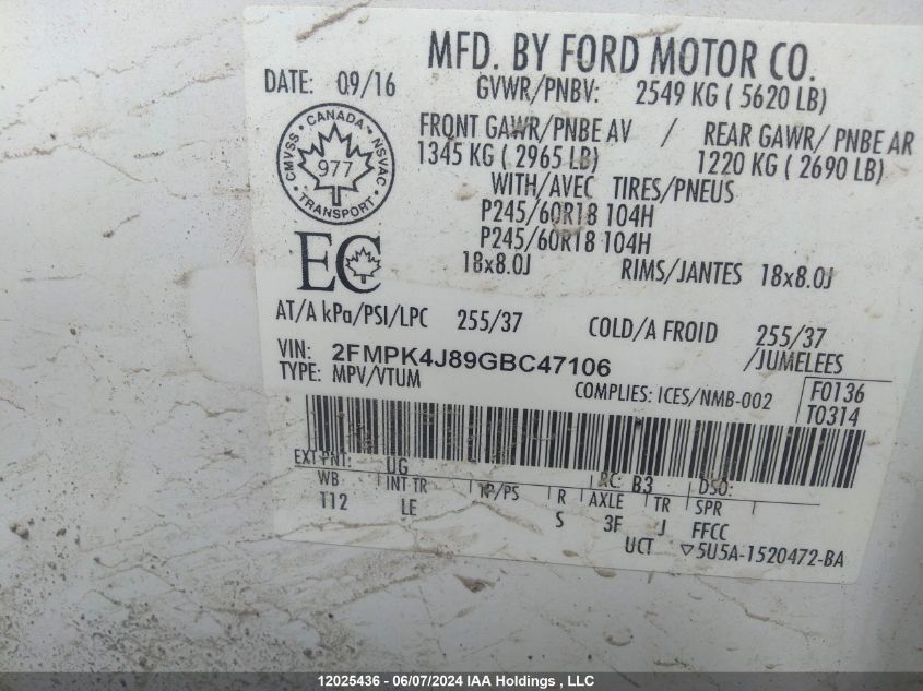 2016 Ford Edge Sel VIN: 2FMPK4J89GBC47106 Lot: 12025436