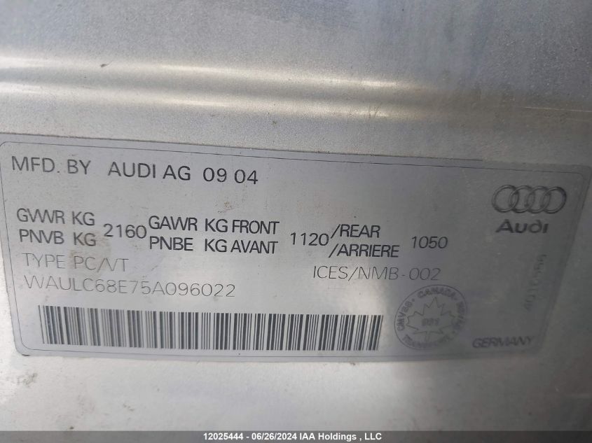 2005 Audi A4 VIN: WAULC68E75A096022 Lot: 12025444