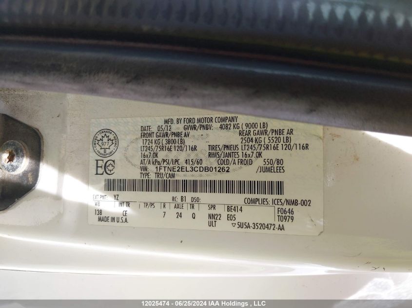 2012 Ford Econoline E250 Van VIN: 1FTNE2EL3CDB01262 Lot: 12025474