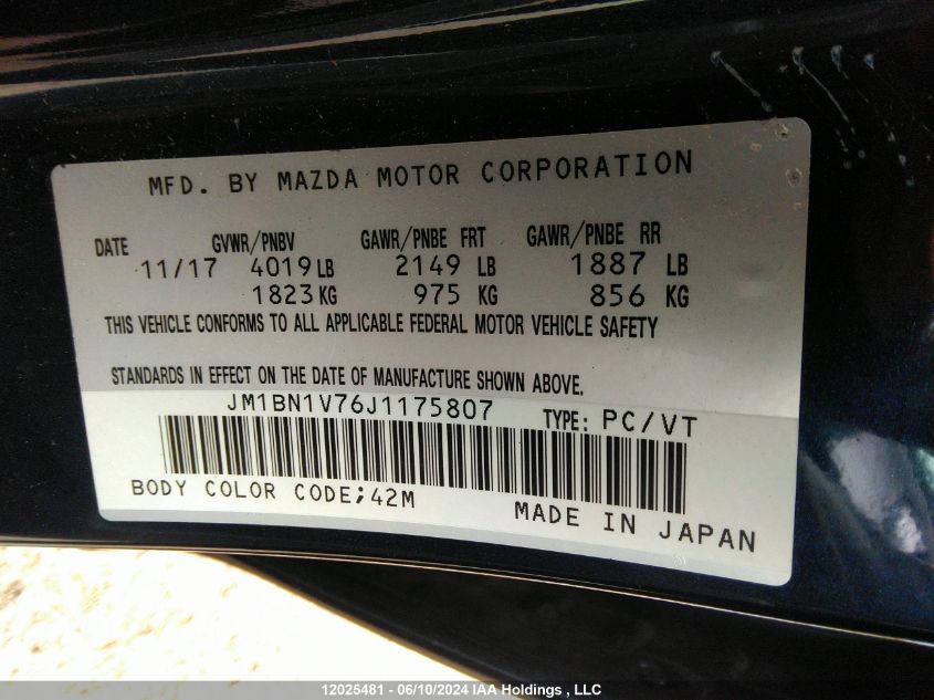 2018 Mazda Mazda3 VIN: JM1BN1V76J1175807 Lot: 12025481