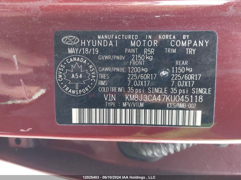 2019 Hyundai Tucson Preferred VIN: KM8J3CA47KU045118 Lot: 12025483