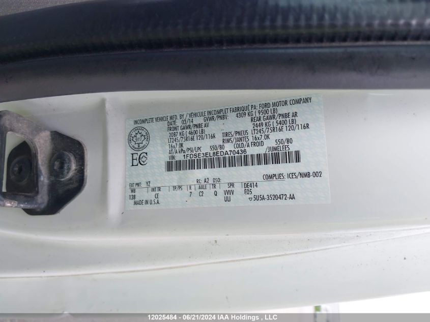 2014 Ford Econoline E350 Super Duty Van VIN: 1FDSE3EL8EDA70436 Lot: 12025484