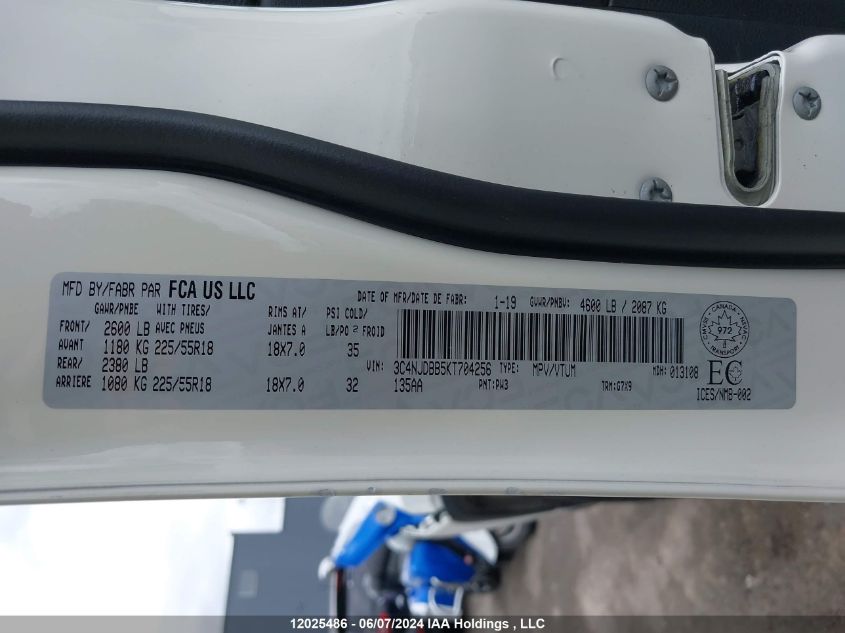 2019 Jeep Compass North VIN: 3C4NJDBB5KT704256 Lot: 12025486