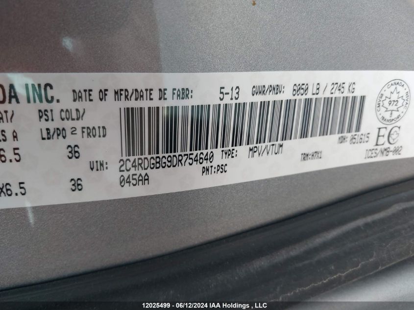 2013 Dodge Grand Caravan Se VIN: 2C4RDGBG9DR754640 Lot: 12025499