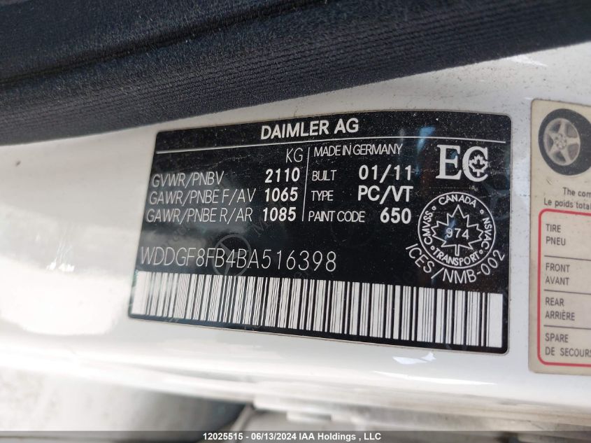 2011 Mercedes-Benz C-Class VIN: WDDGF8FB4BA516398 Lot: 12025515