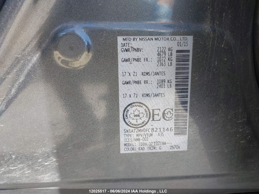 2015 Nissan Rogue S/Sl/Sv VIN: 5N1AT2MV0FC821146 Lot: 12025517