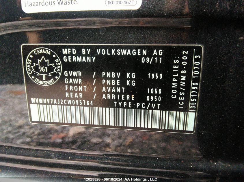 WVWHV7AJ2CW095764 2012 Volkswagen Golf Gti