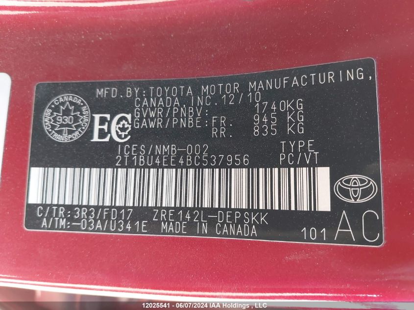 2011 Toyota Corolla Ce/Le/S VIN: 2T1BU4EE4BC537956 Lot: 12025541