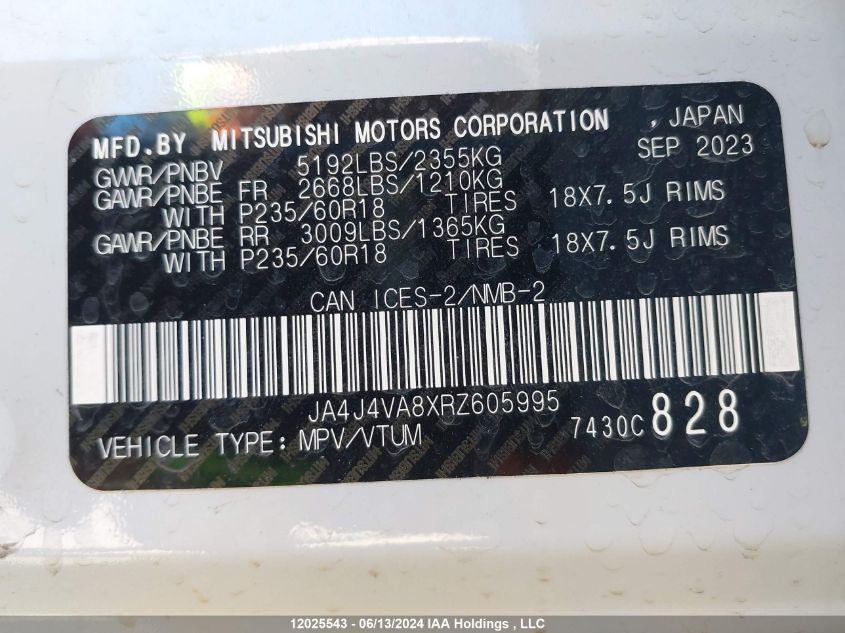 2024 Mitsubishi Outlander VIN: JA4J4VA8XRZ605995 Lot: 12025543