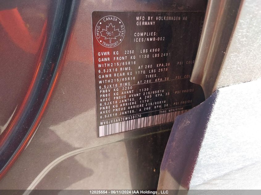 2014 Volkswagen Tiguan VIN: WVGJV3AX7EW539170 Lot: 12025554