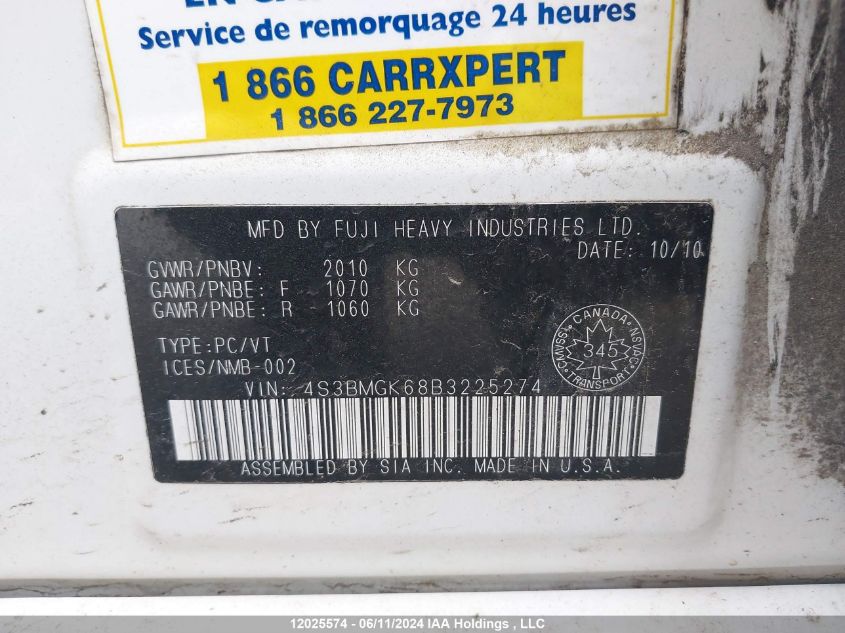 2011 Subaru Legacy VIN: 4S3BMGK68B3225274 Lot: 12025574