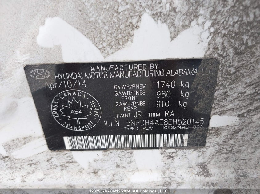 2014 Hyundai Elantra VIN: 5NPDH4AE8EH520145 Lot: 12025578