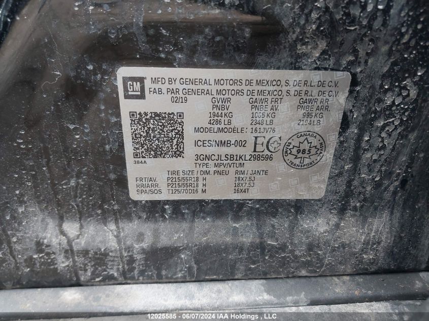 2019 Chevrolet Trax VIN: 3GNCJLSB1KL298596 Lot: 12025585