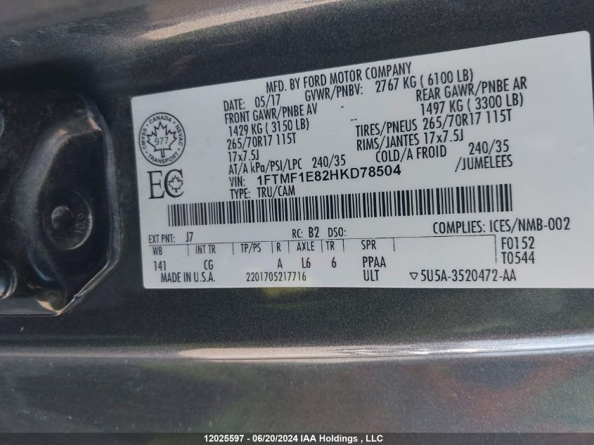 2017 Ford F150 VIN: 1FTMF1E82HKD78504 Lot: 12025597