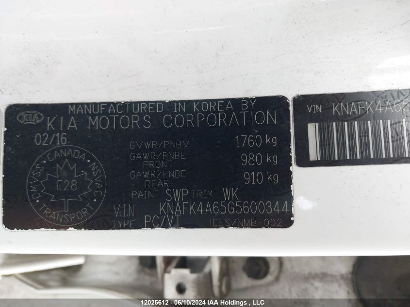 2016 Kia Forte VIN: KNAFK4A65G5600344 Lot: 12025612