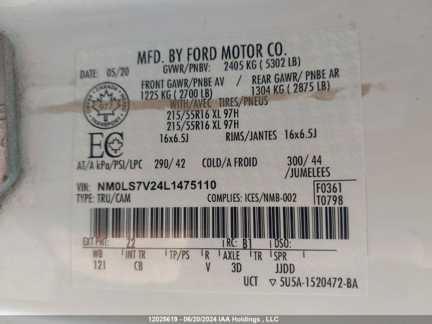 2020 Ford Transit Connect Xl VIN: NM0LS7V24L1475110 Lot: 12025619