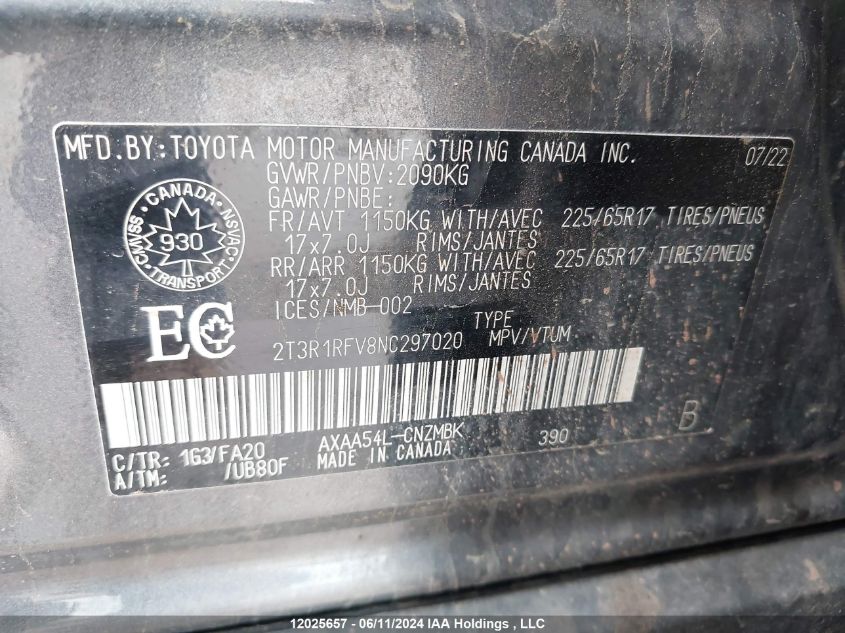 2022 Toyota Rav4 Xle/Xle Premium VIN: 2T3R1RFV8NC297020 Lot: 12025657