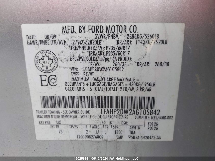 2010 Ford Taurus Se VIN: 1FAHP2DW2AG105842 Lot: 12025666