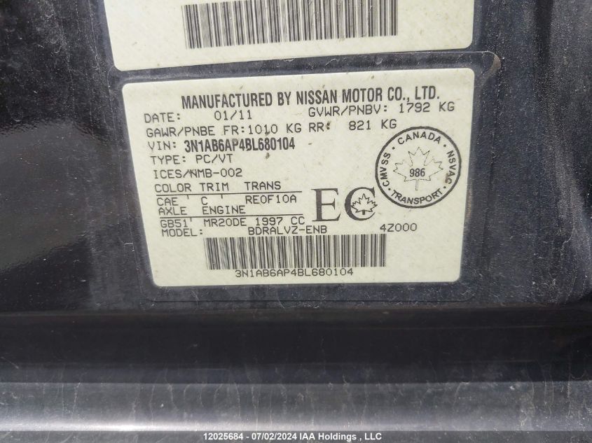 2011 Nissan Sentra VIN: 3N1AB6AP4BL680104 Lot: 12025684