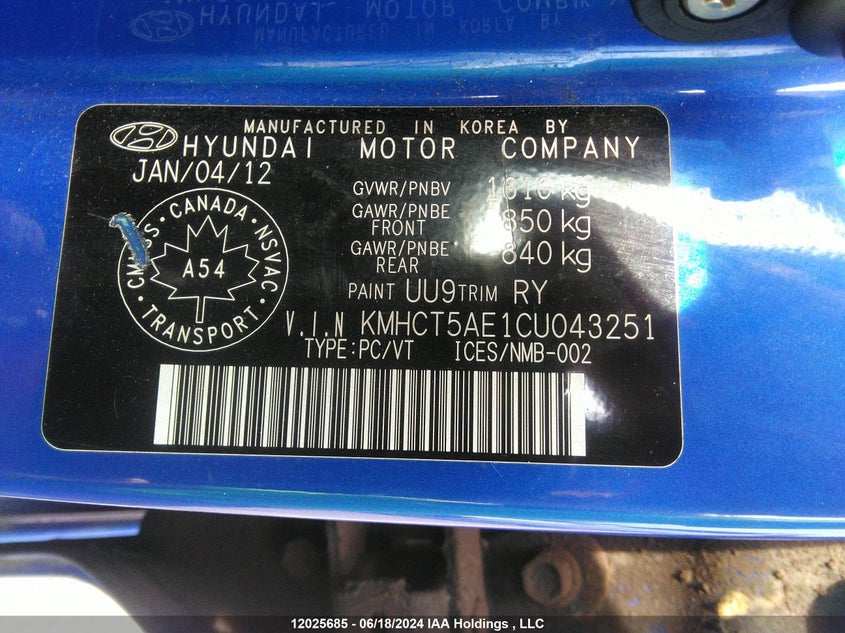 2012 Hyundai Accent VIN: KMHCT5AE1CU043251 Lot: 12025685