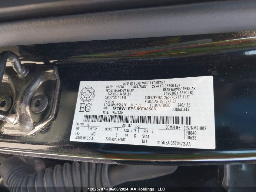 2018 Ford F150 Supercrew VIN: 1FTEW1EP6JKE88568 Lot: 12025707