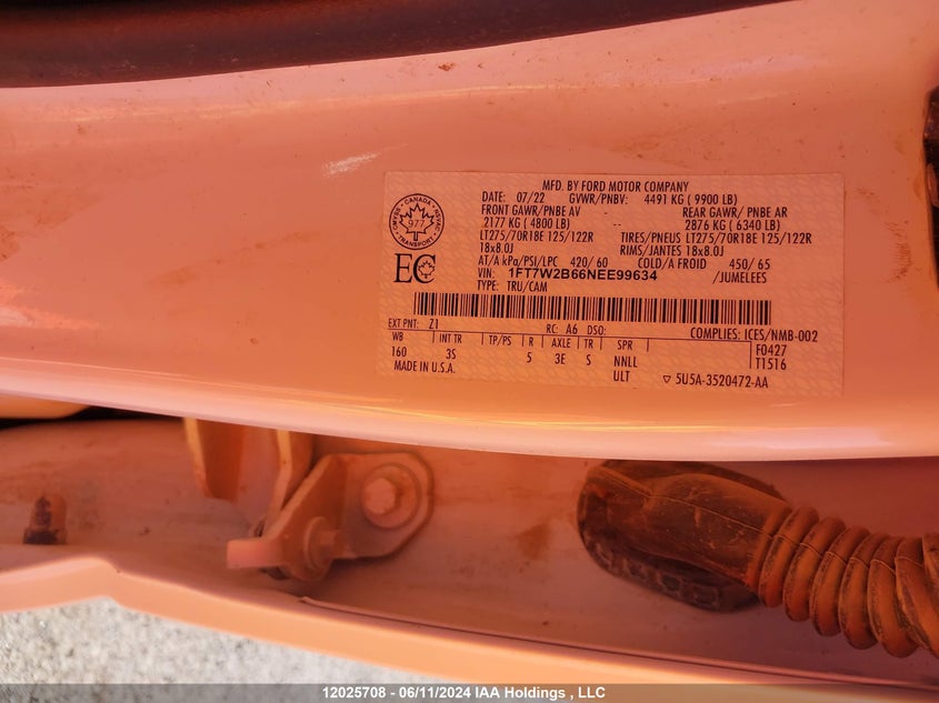 2022 Ford F-250 Xlt VIN: 1FT7W2B66NEE99634 Lot: 12025708