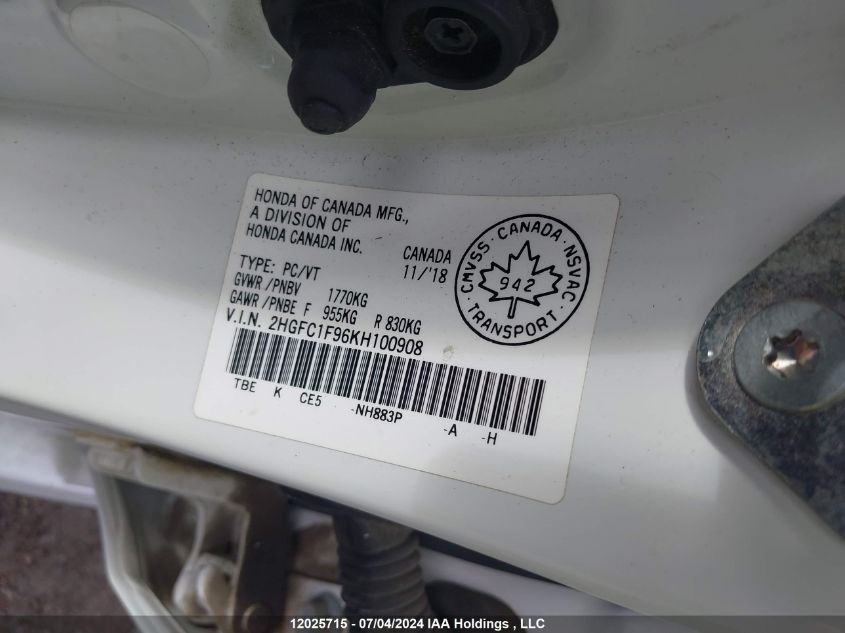 2019 Honda Civic VIN: 2HGFC1F96KH100908 Lot: 12025715