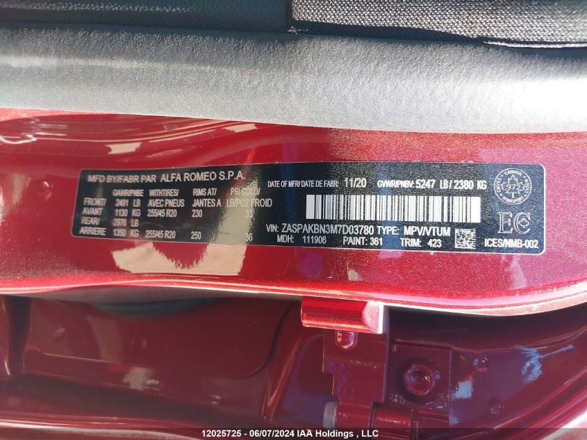 2021 Alfa Romeo Stelvio Ti Sport Awd VIN: ZASPAKBN3M7D03780 Lot: 12025725