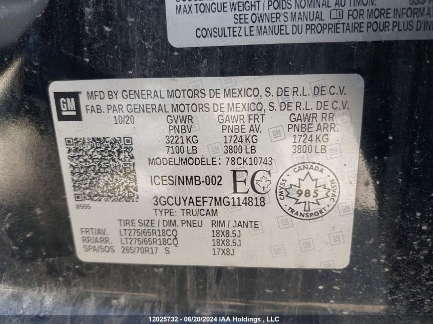 2021 Chevrolet Silverado K1500 VIN: 3GCUYAEF7MG114818 Lot: 12025732