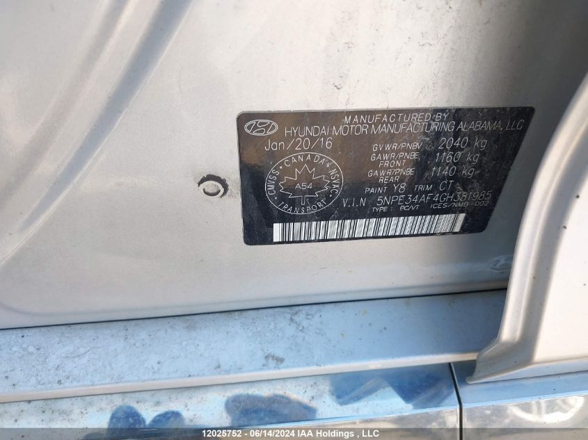 2016 Hyundai Sonata Sport Tech VIN: 5NPE34AF4GH381985 Lot: 12025752