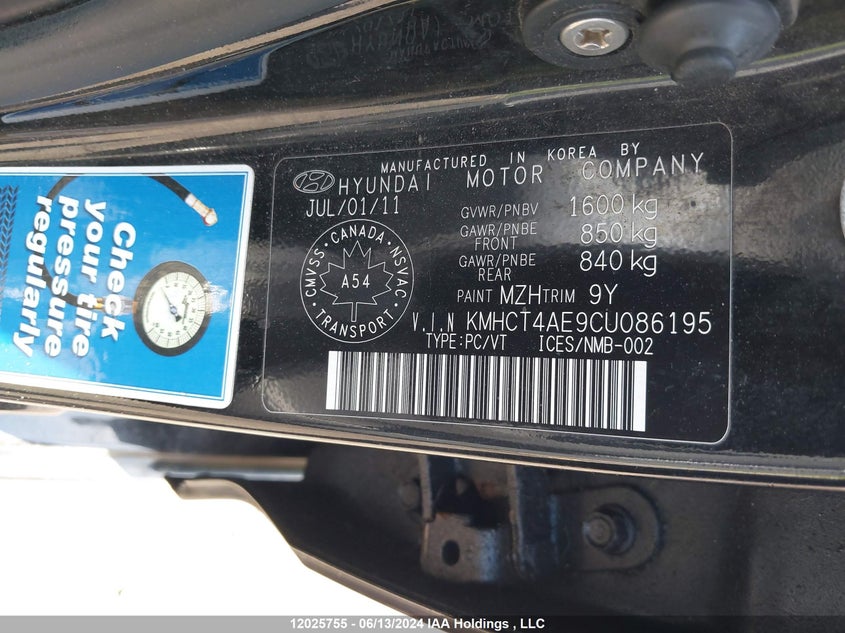 2012 Hyundai Accent Gl VIN: KMHCT4AE9CU086195 Lot: 12025755