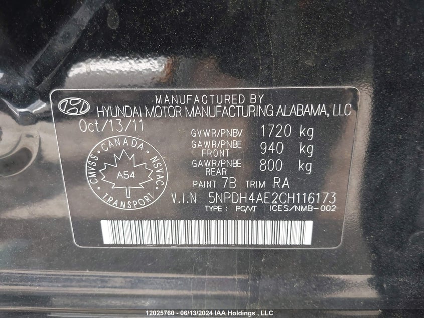 2012 Hyundai Elantra Gls/Limited VIN: 5NPDH4AE2CH116173 Lot: 12025760