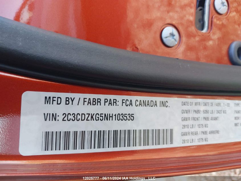 2022 Dodge Challenger Gt Awd VIN: 2C3CDZKG5NH103535 Lot: 12025777