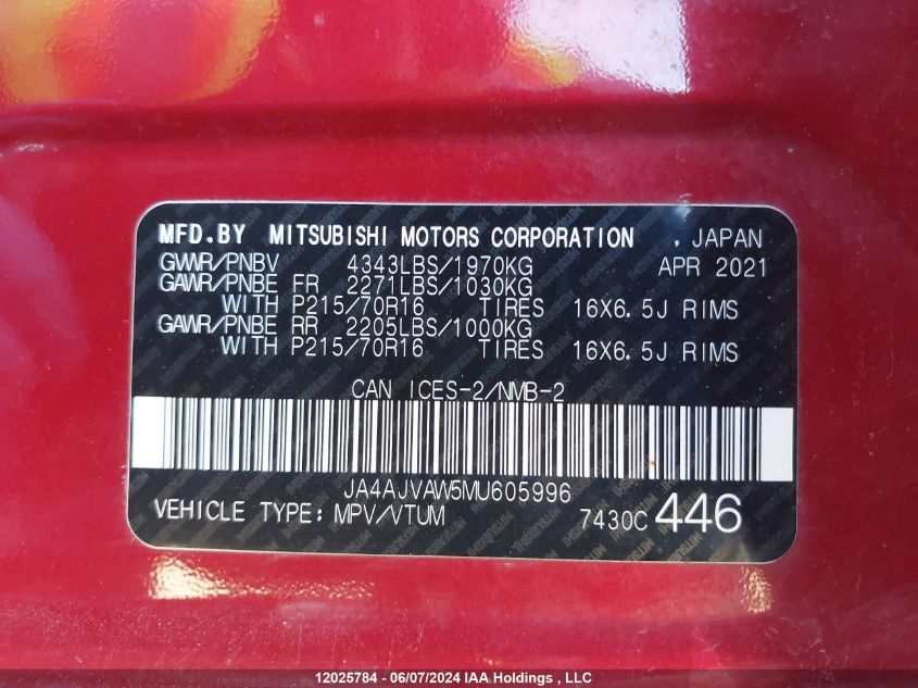 2021 Mitsubishi Rvr VIN: JA4AJVAW5MU605996 Lot: 12025784