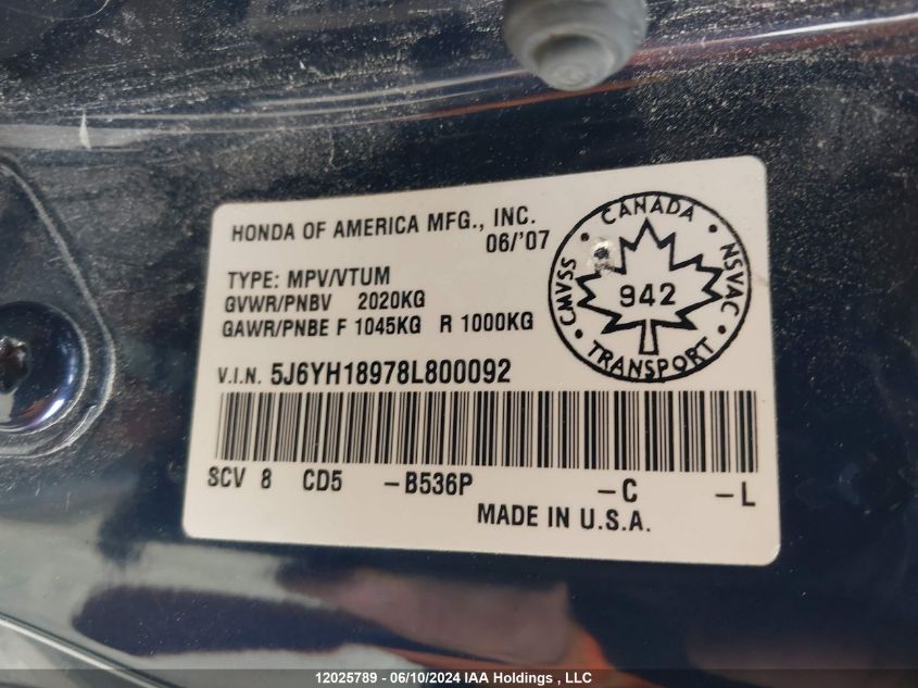 2008 Honda Element VIN: 5J6YH18978L800092 Lot: 12025789