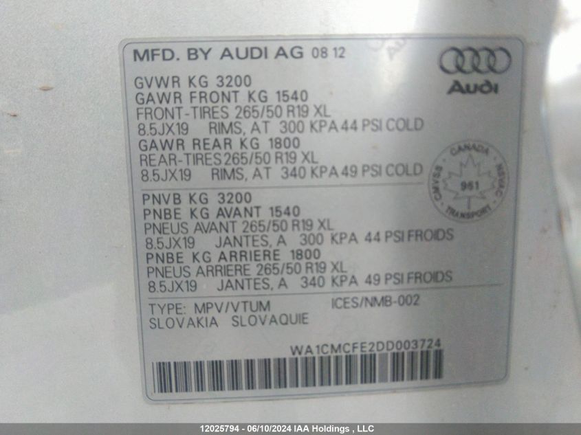 2013 Audi Q7 VIN: WA1CMCFE2DD003724 Lot: 12025794