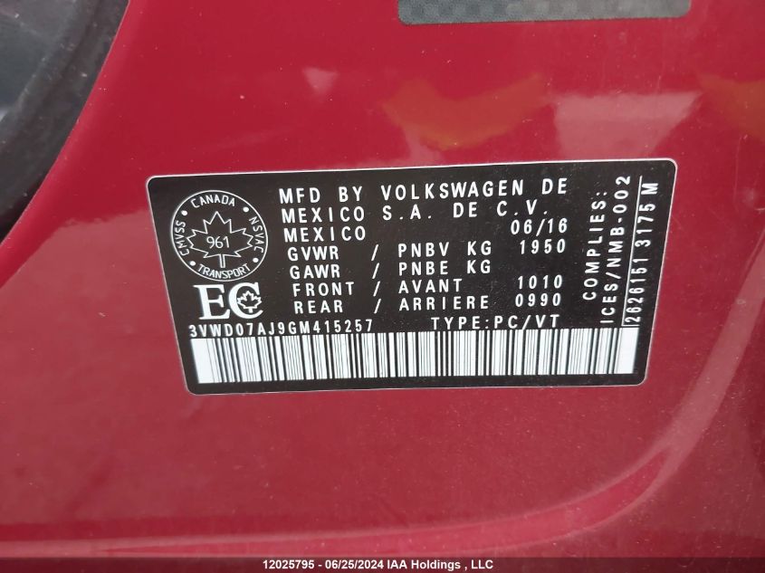 2016 Volkswagen Jetta 1.8T Sport VIN: 3VWD07AJ9GM415257 Lot: 12025795