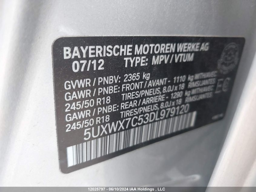 2013 BMW X3 xDrive35I VIN: 5UXWX7C53DL979120 Lot: 12025797