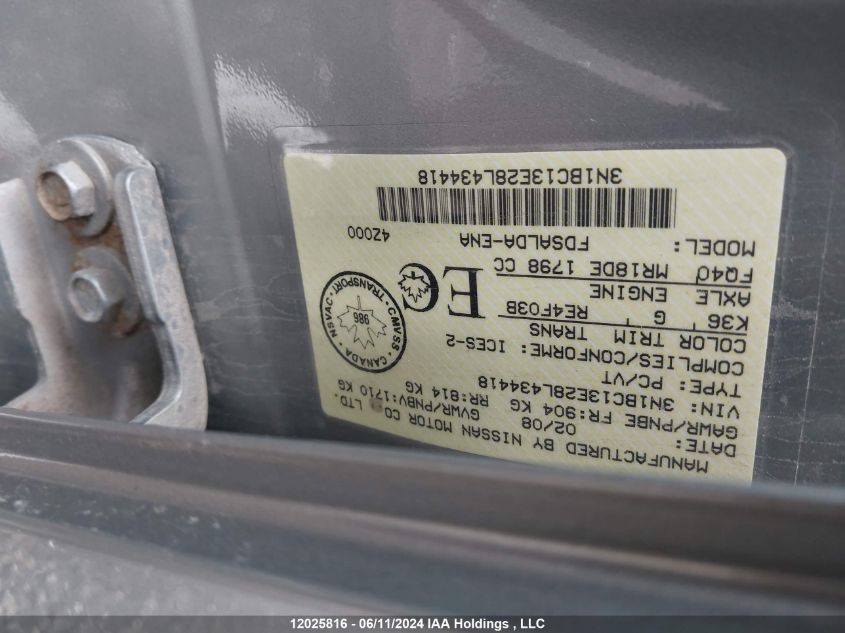 2008 Nissan Versa 1.8S VIN: 3N1BC13E28L434418 Lot: 12025816