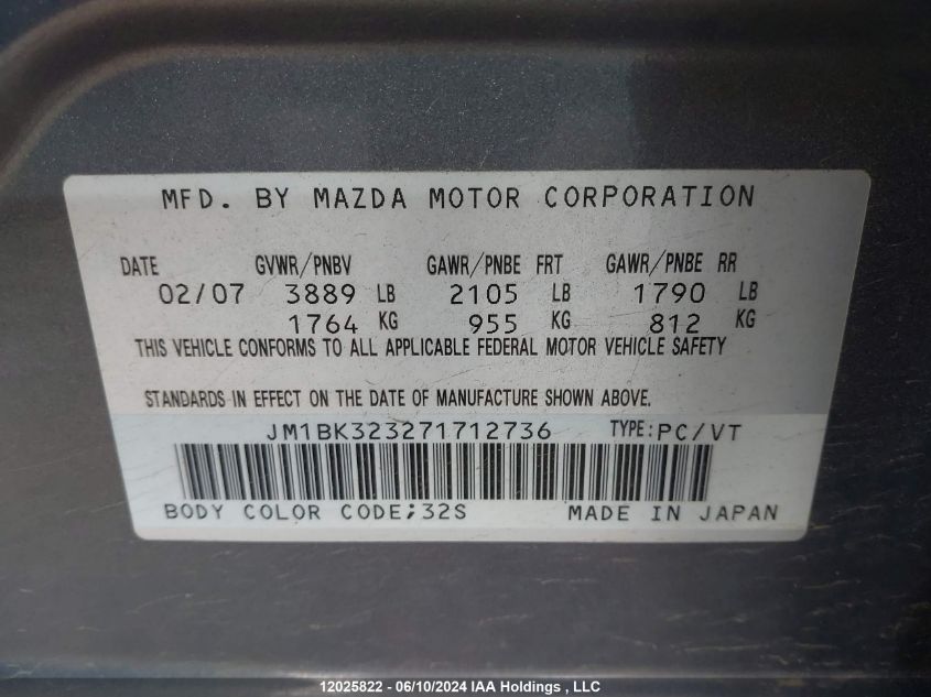 2007 Mazda Mazda3 VIN: JM1BK323271712736 Lot: 12025822