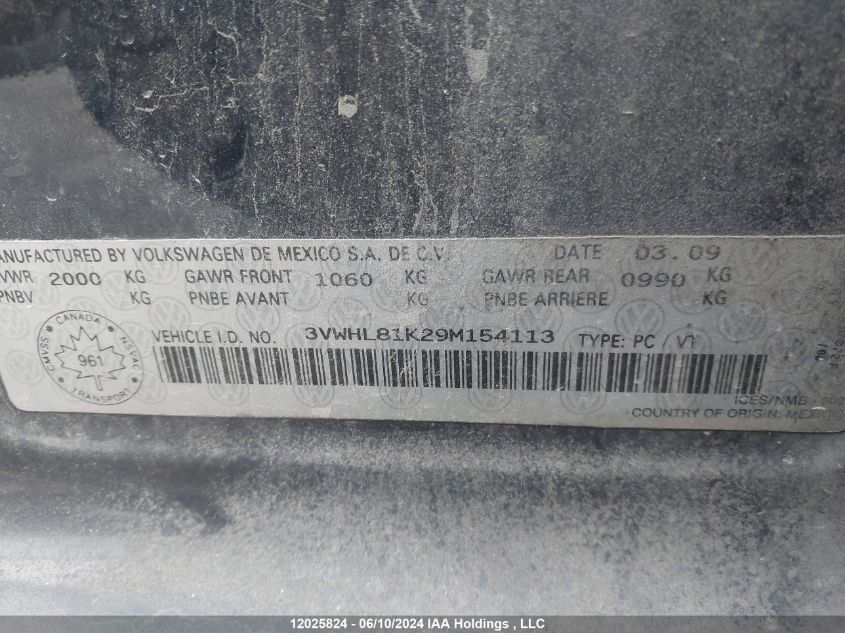 2009 Volkswagen Jetta VIN: 3VWHL81K29M154113 Lot: 12025824