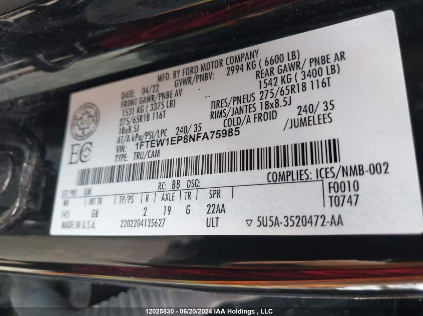 2022 Ford F150 Supercrew VIN: 1FTEW1EP8NFA75985 Lot: 12025830