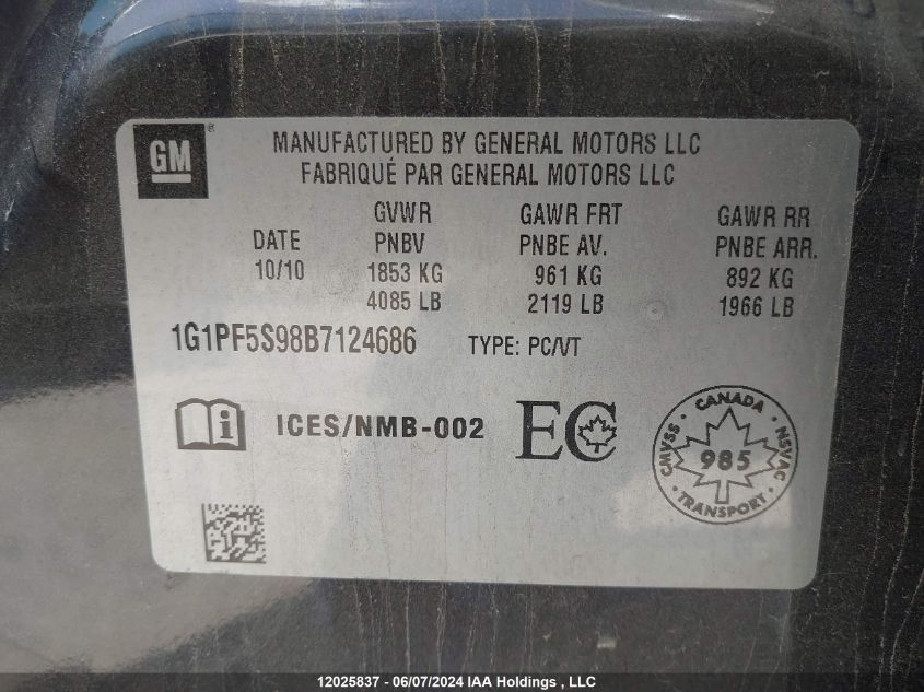 2011 Chevrolet Cruze Lt VIN: 1G1PF5S98B7124686 Lot: 12025837