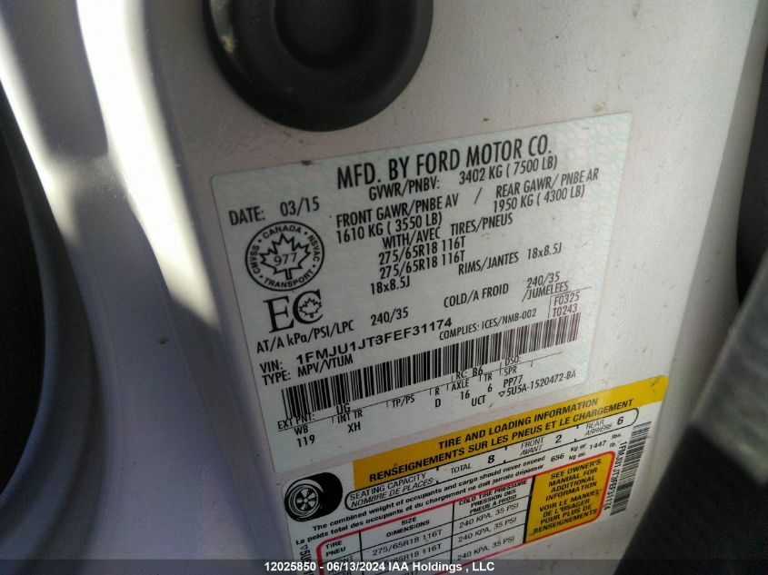 2015 Ford Expedition Xlt VIN: 1FMJU1JT3FEF31174 Lot: 12025850